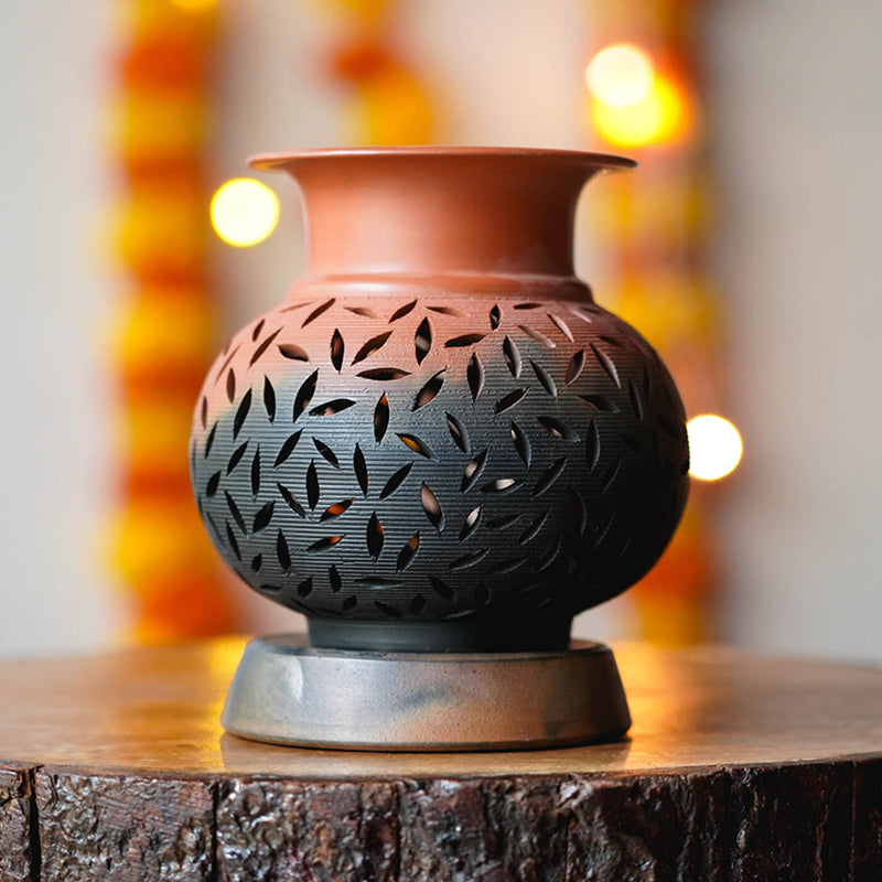Handcrafted Terracotta Lota Leaf Cut Tealight Holder