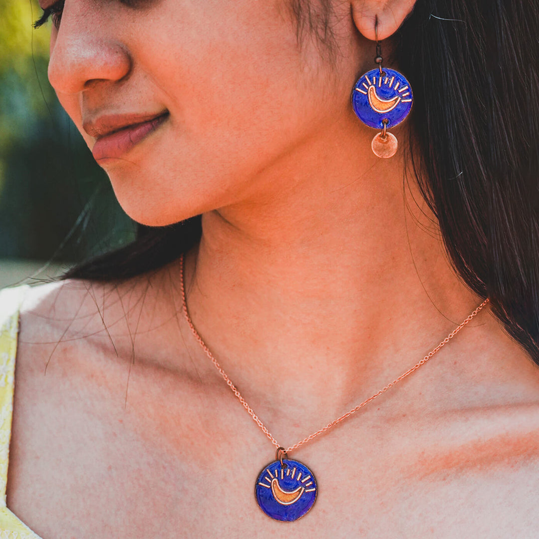 Handmade Copper Enamelled Chanda Earrings and Necklace