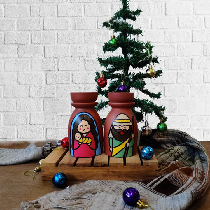 Hand-Painted Mother Mary And Joesph Terracotta Candle Holders For Christmas Decoration | Set Of 2