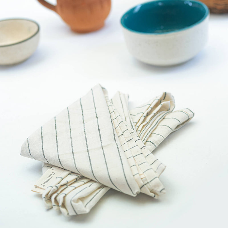100% Cotton Striped Woven White Napkins - Set of 4