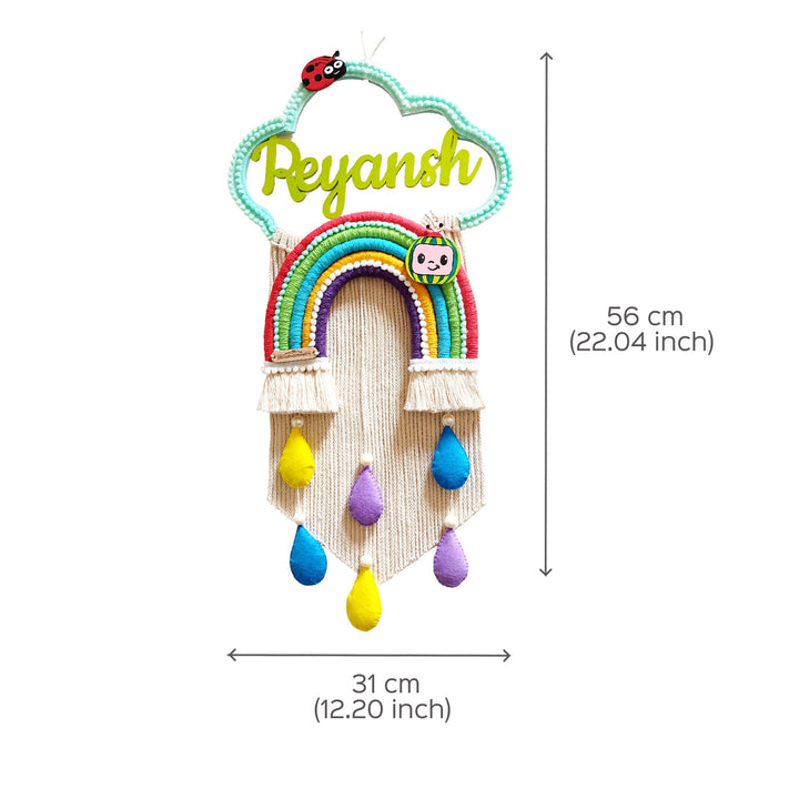 Macrame Cloud Rainbow With Cocomelon Personalized Kids Name Plate - Front View with Dimensions