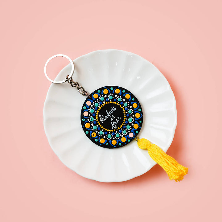 Mandala Dot Art Key Chain with Tassle - Cool Yellow