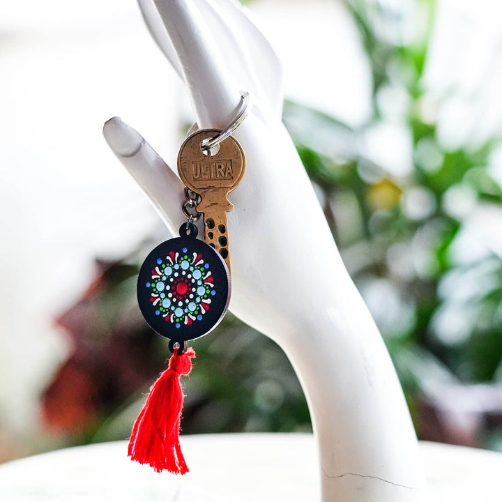 Mandala Dot Art Key Chain with Tassle - Red - Zwende