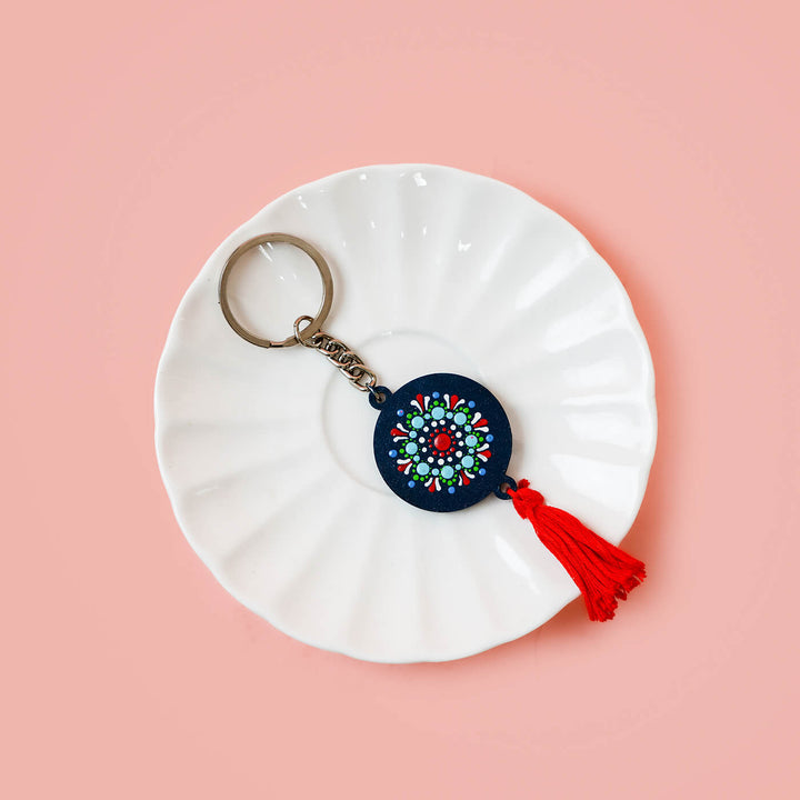 Mandala Dot Art Key Chain with Tassle - Red