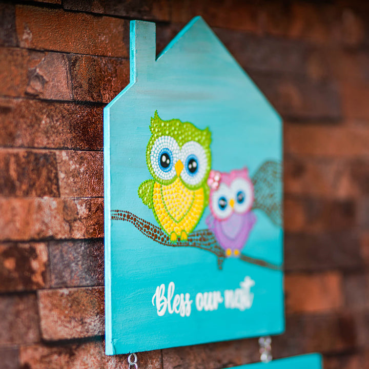 House Shaped Dot Art Nameboard - Owls