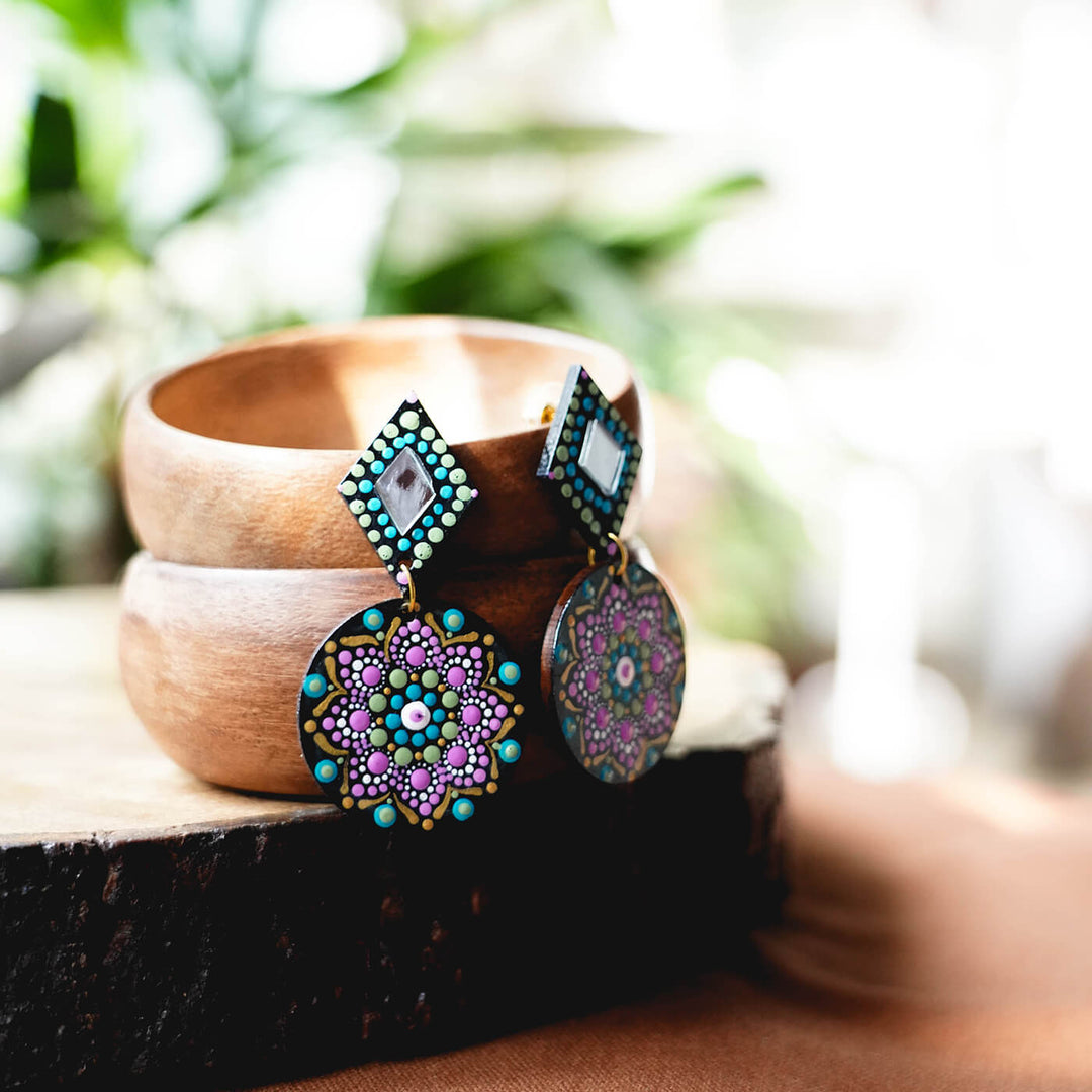 Dot Art Earrings - Diamond & Circle - Floral Mandala