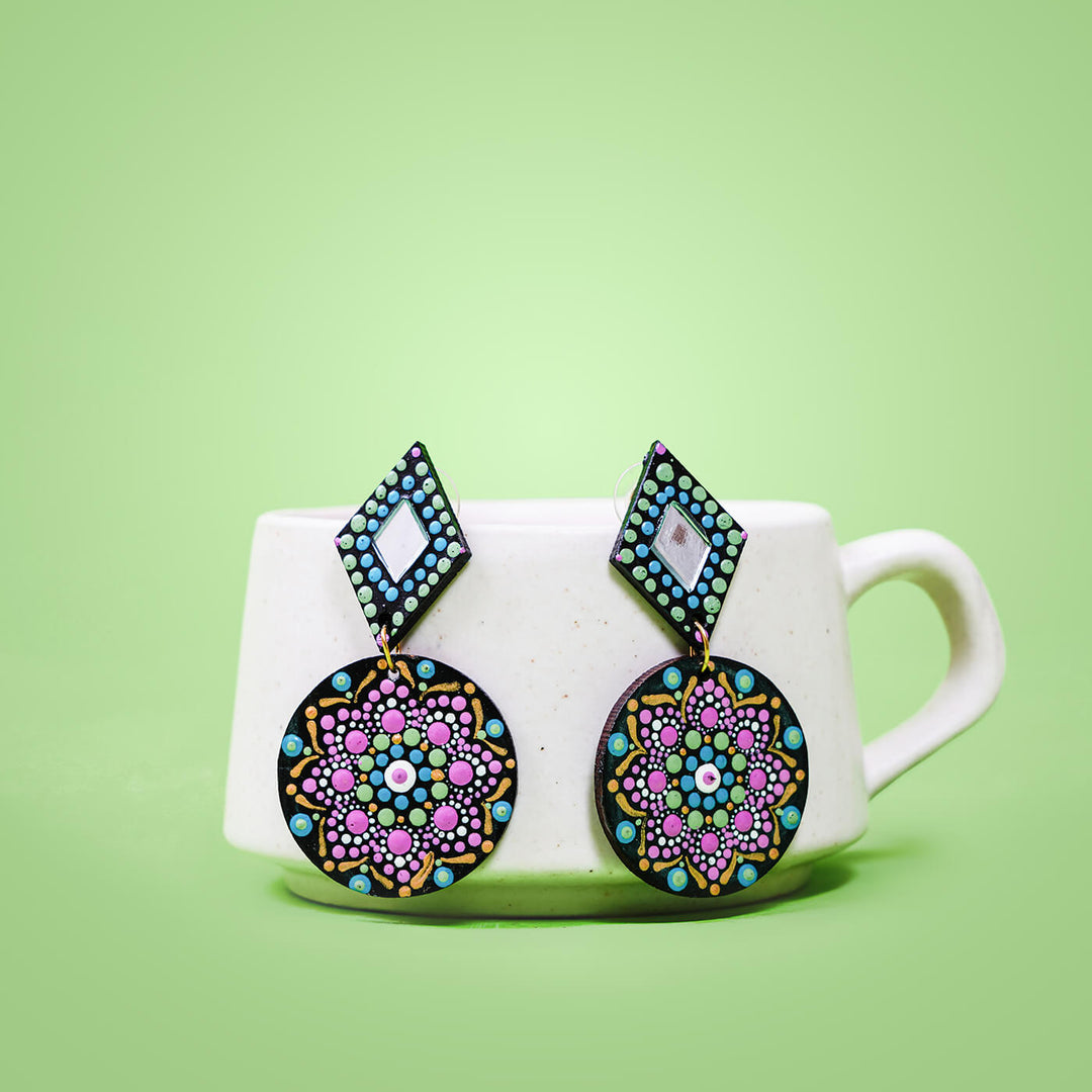 Dot Art Earrings - Diamond & Circle - Floral Mandala
