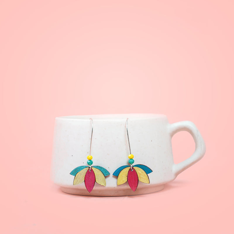 MDF Earrings - Downward Lotus - Pink, Blue & White