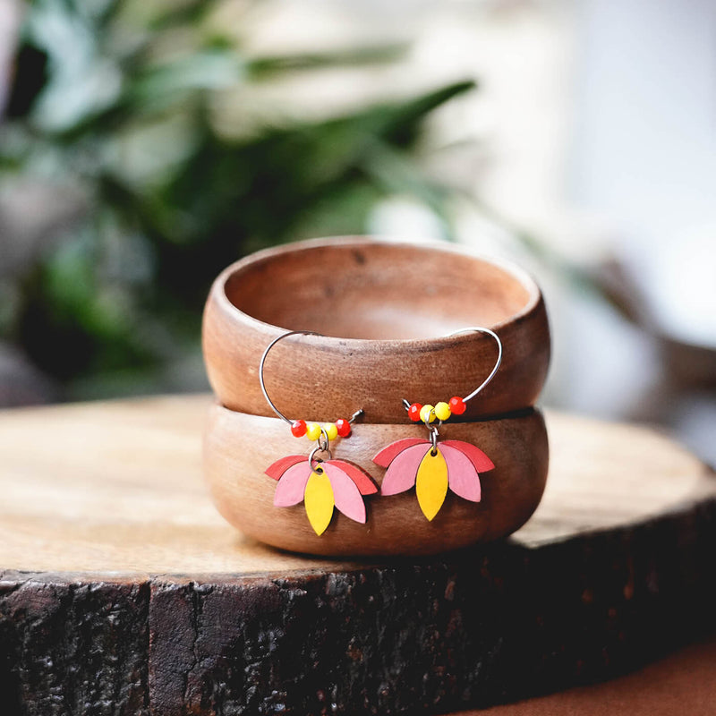 MDF Earrings - Downward Lotus - Pink & Yellow