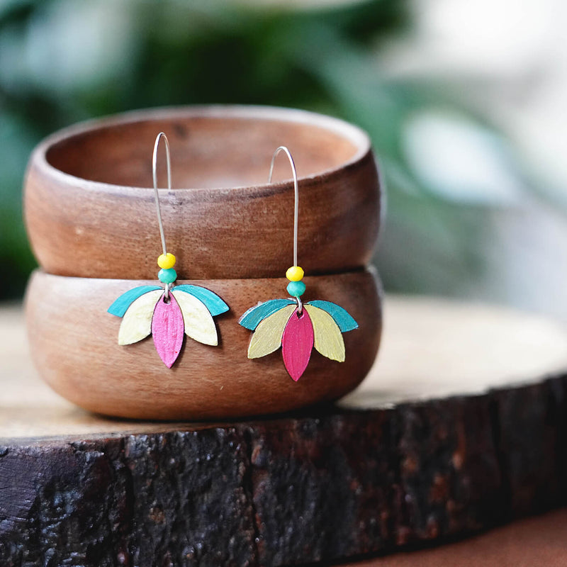 MDF Earrings - Downward Lotus - Pink, Blue & White