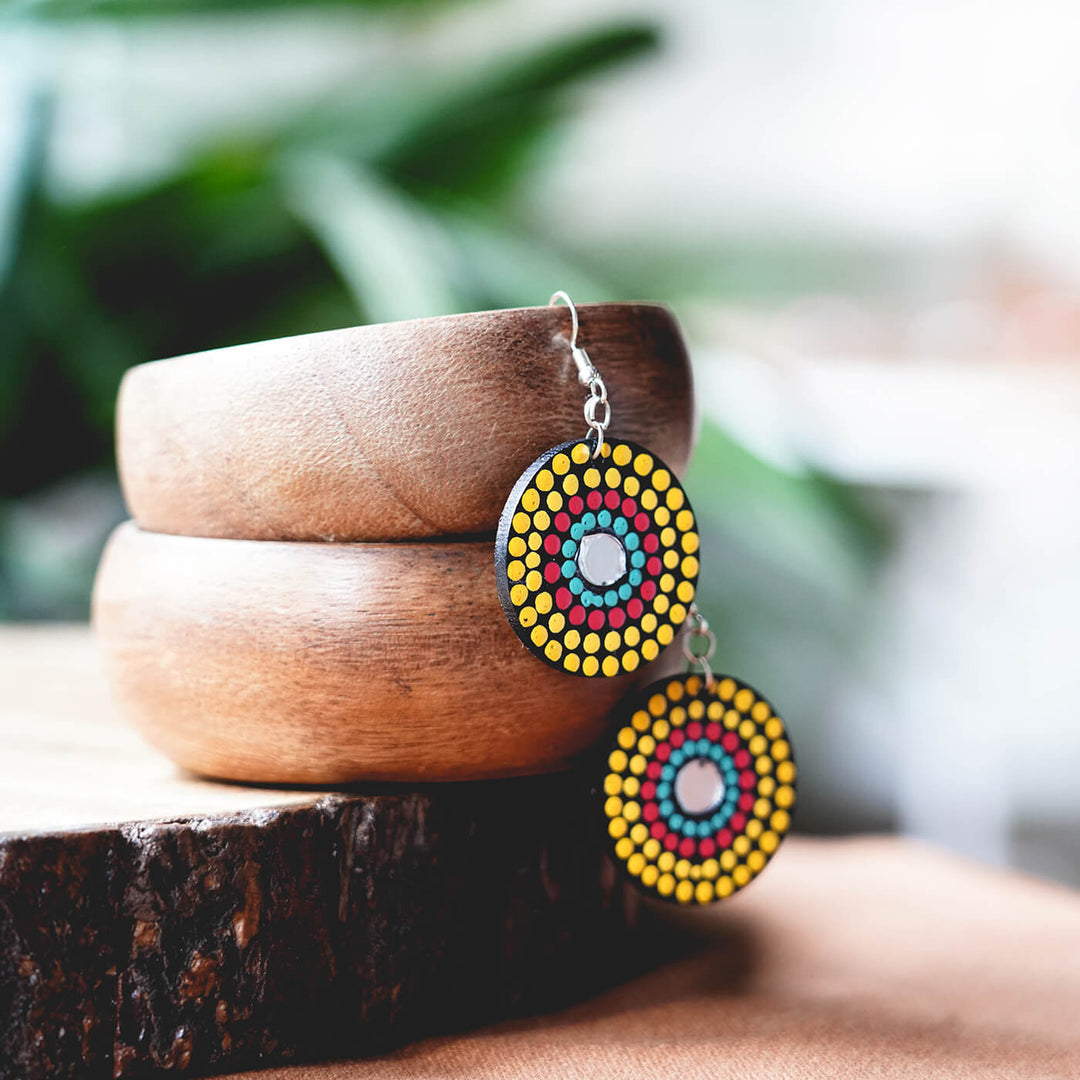 Round Dot Art Earrings - Yellow & Blue