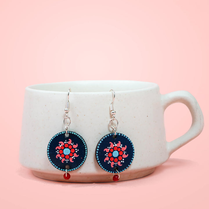 Round Dot Art Earrings - Red Mandala with Bead