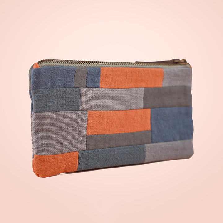 Grey & Orange Repurposed Patchwork Travel Pouch