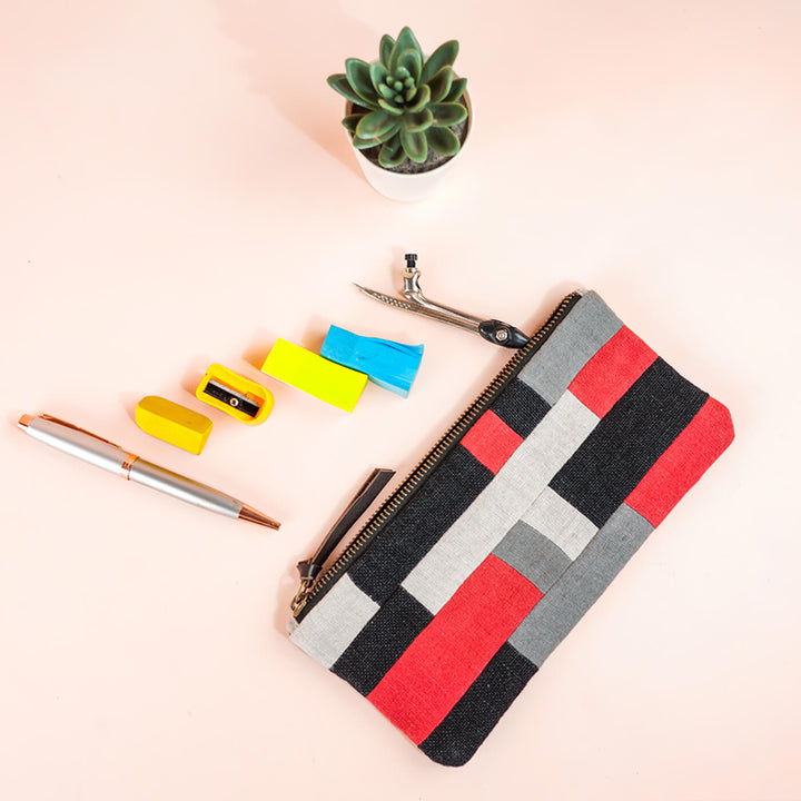 Upcycled Red & Grey Patchwork Stationary Pouch