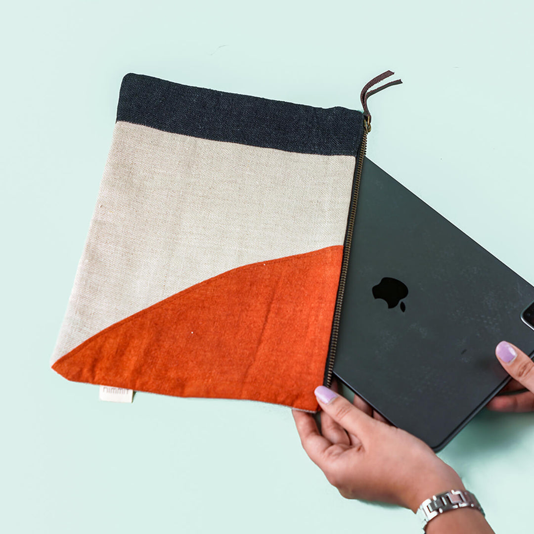 Repurposed Fabric iPad Sleeve - Orange & White