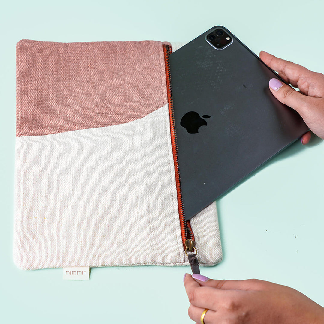 Upcycled Fabric iPad Sleeve - Beige & White