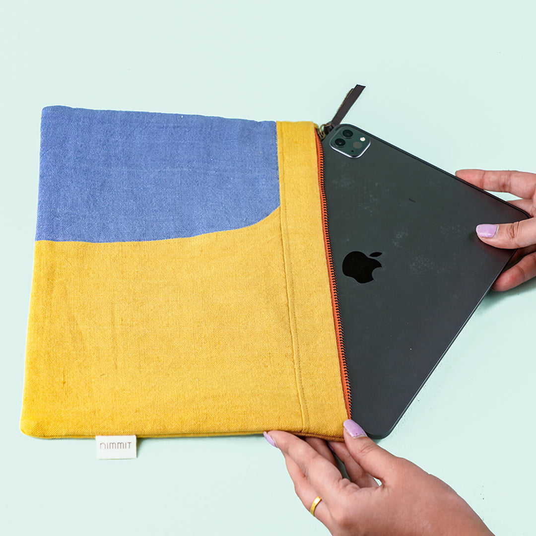Repurposed Fabric iPad Sleeve - Grey & Yellow