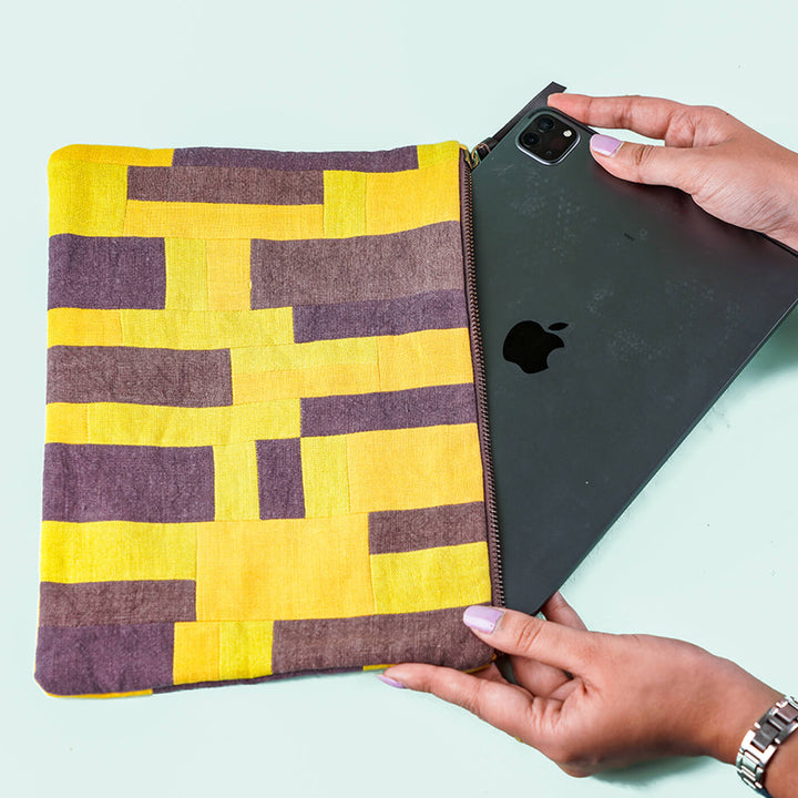 Upcycled Fabric iPad Sleeve - Yellow & Grey