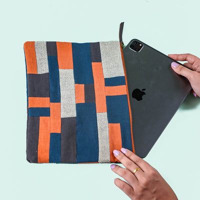 Upcycled Fabric iPad Sleeve - Orange & Blue
