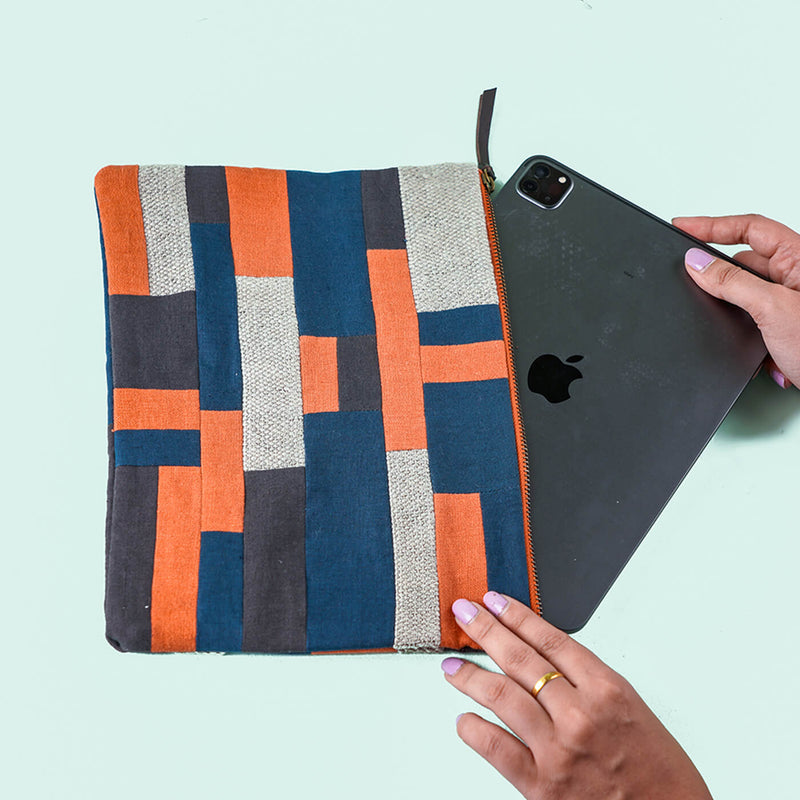 Upcycled Fabric iPad Sleeve - Orange & Blue