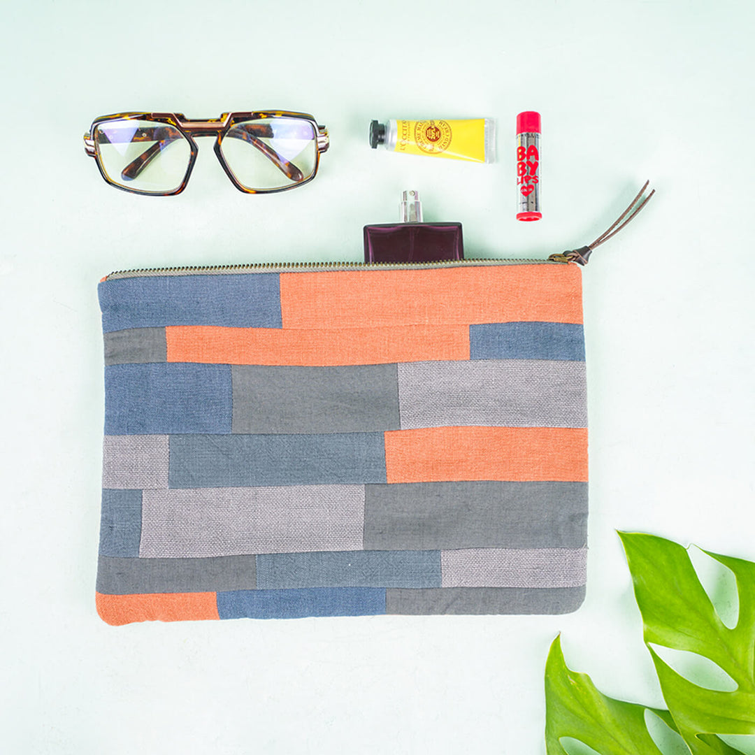 Repurposed Fabric iPad Sleeve - Orange & Grey