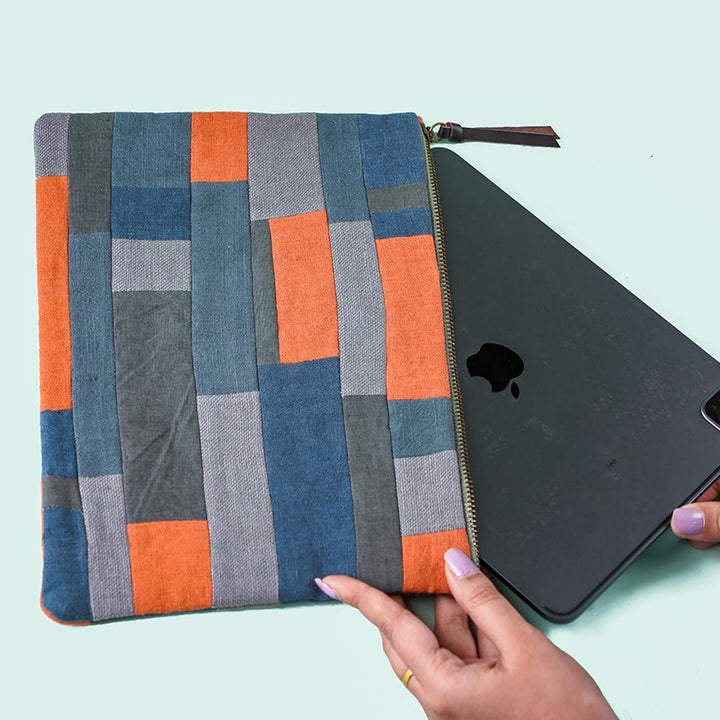 Repurposed Fabric iPad Sleeve - Orange & Grey