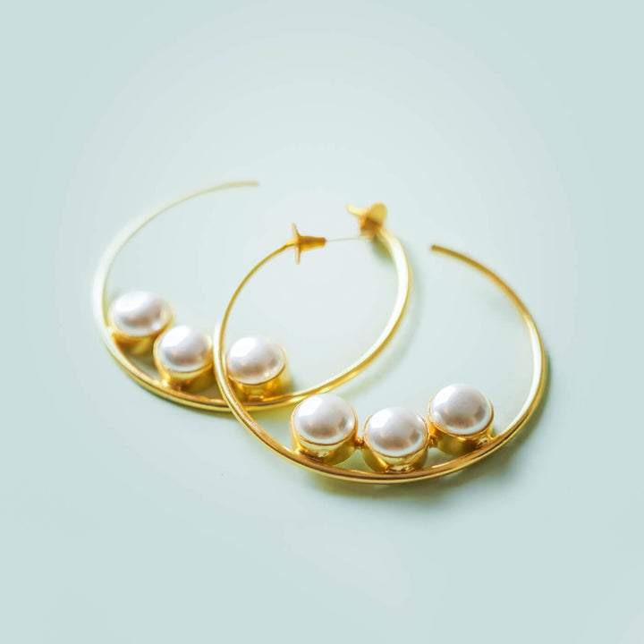 Gold Trio Pearl Brass Hoops