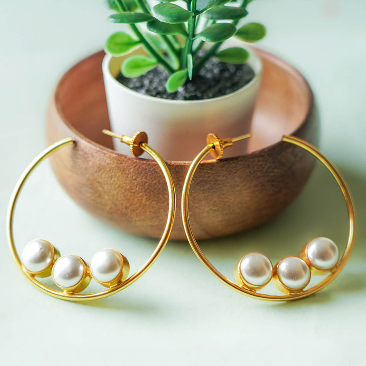 Gold Trio Pearl Brass Hoops