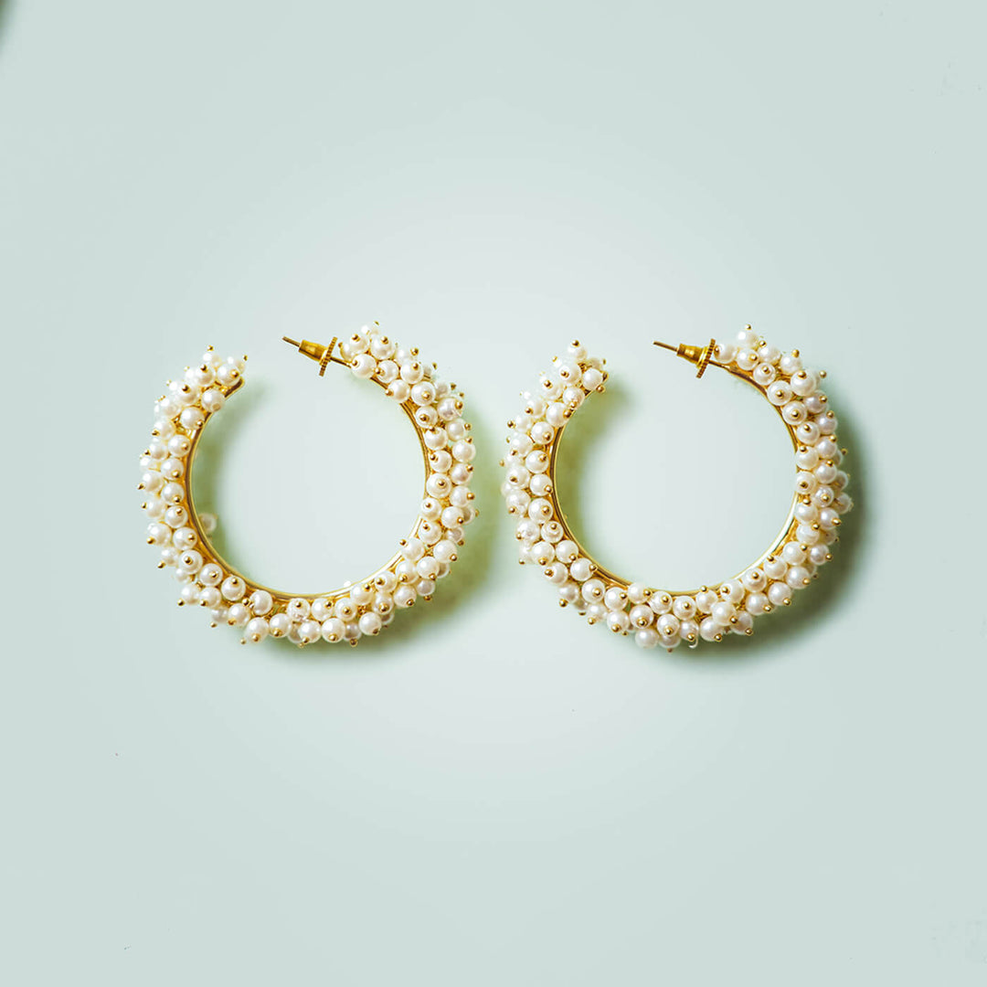 Rice Pearl Studded Gold Brass Hoops