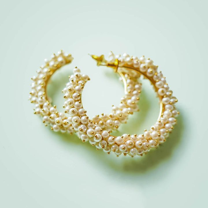 Rice Pearl Studded Gold Brass Hoops