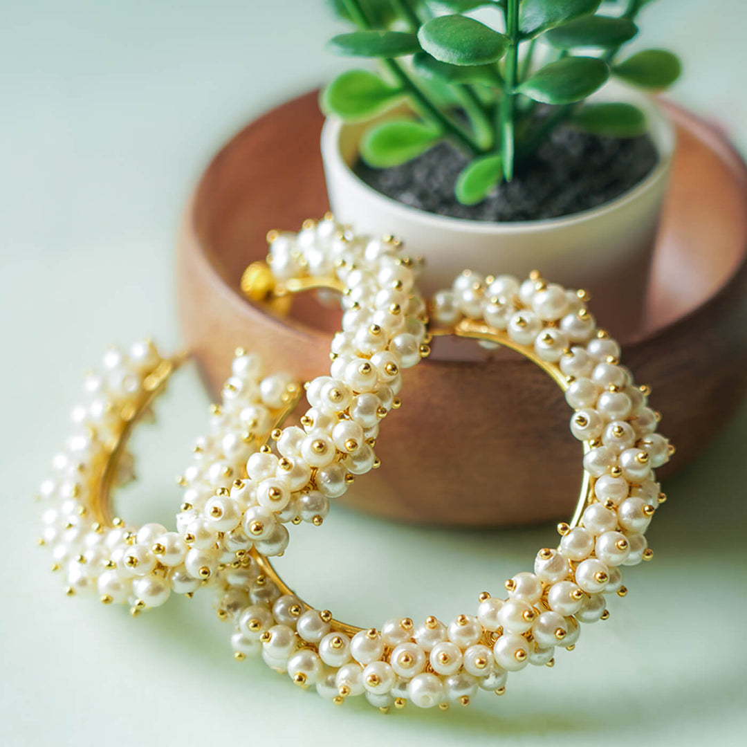 Rice Pearl Studded Gold Brass Hoops1