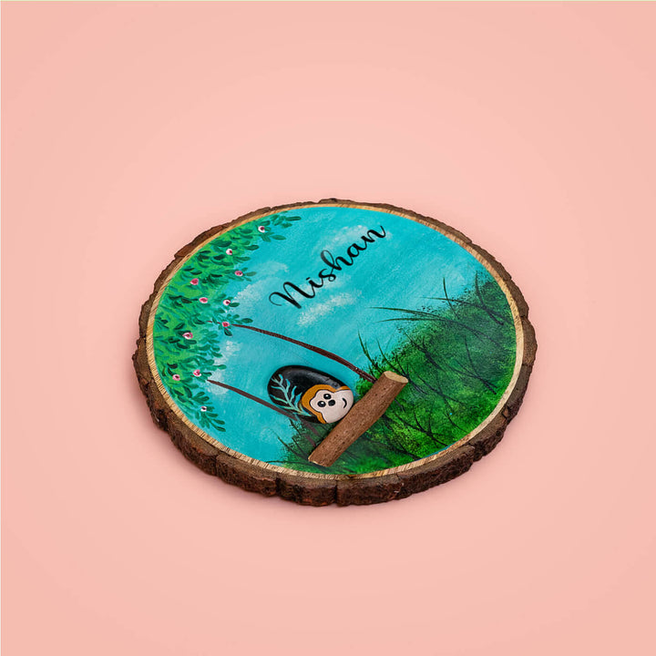 Handpainted Sibling Pebble Art Monkey Tree Bark Kids Nameboard