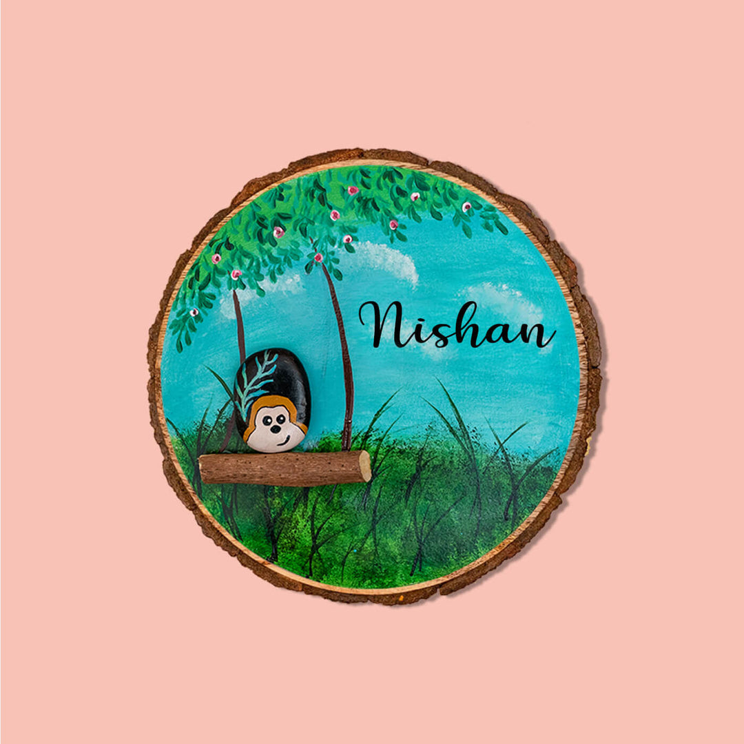 Handpainted Sibling Pebble Art Monkey Tree Bark Kids Nameboard