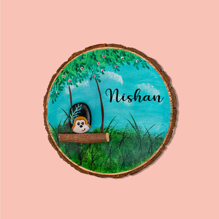 Handpainted Sibling Pebble Art Monkey Tree Bark Kids Nameboard