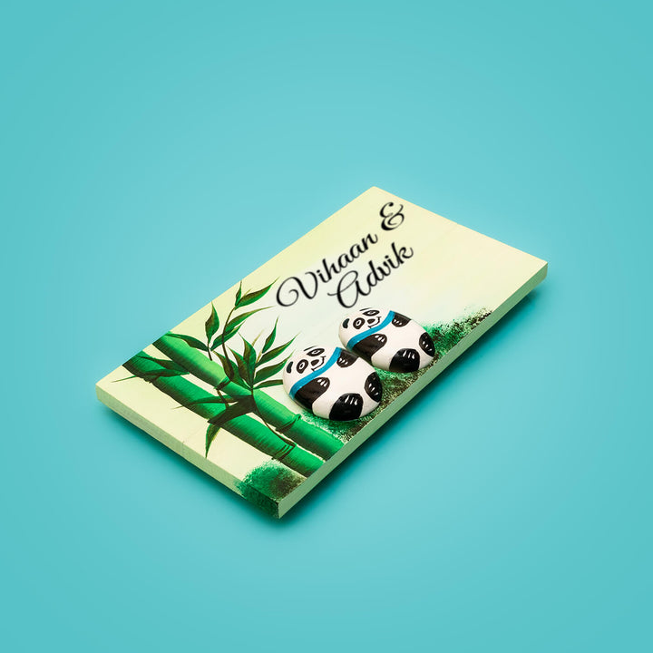 Handpainted Panda Pebble Art and Wood Kids Nameboard