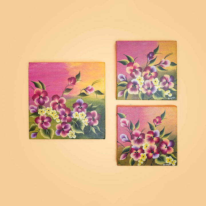 Handpainted Pansy One Stroke Art Canvas Wall Hanging - Set of 3
