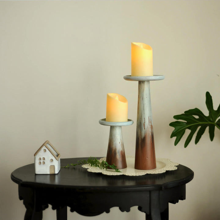Ombre Farmhouse Handcrafted Teak Wood Candle Holders - Set of 2