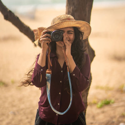 Thin Shibori Camera Strap - Blue