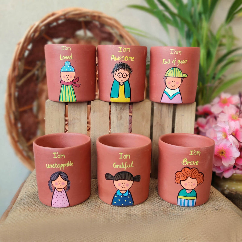 Handpainted Clay Planters With Affirmations - Set Of 6
