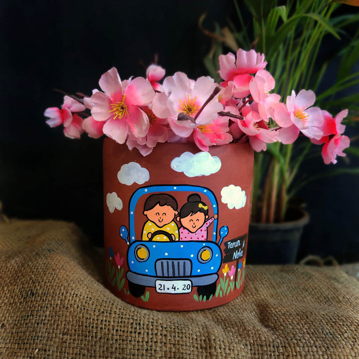 Handpainted Personalized Clay Planter With Couple Caricature