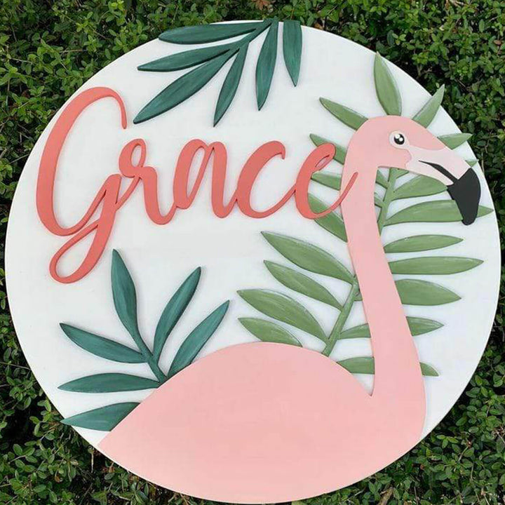 Painted Nameboard For Kids Flamingo Leaves - Name Personalization Example Front View