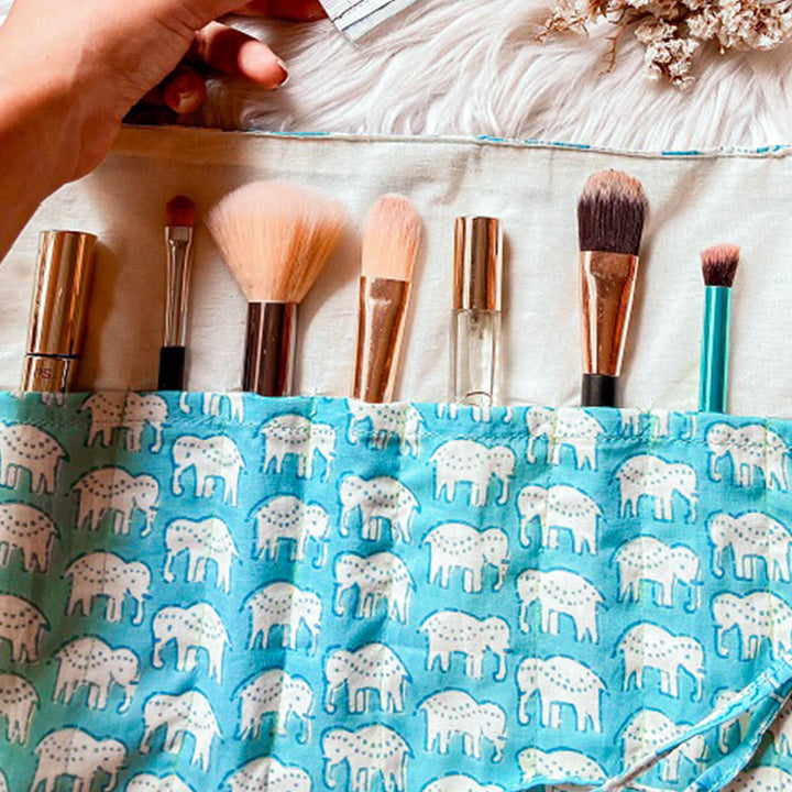 Hand-stitched Cotton Fabric Blue Elephant Roll Up Case