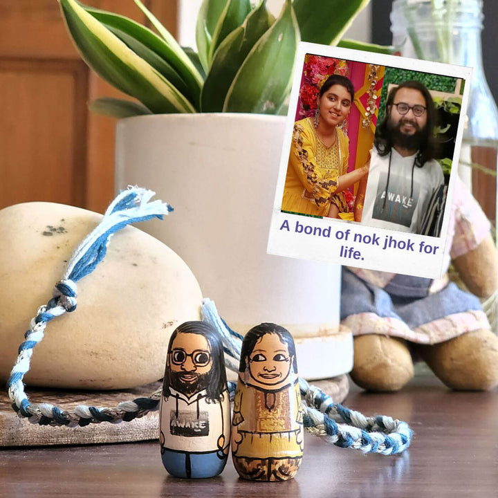 Photo Customized Wooden Siblings Rakhi with Roli Chawal - 2 Dolls