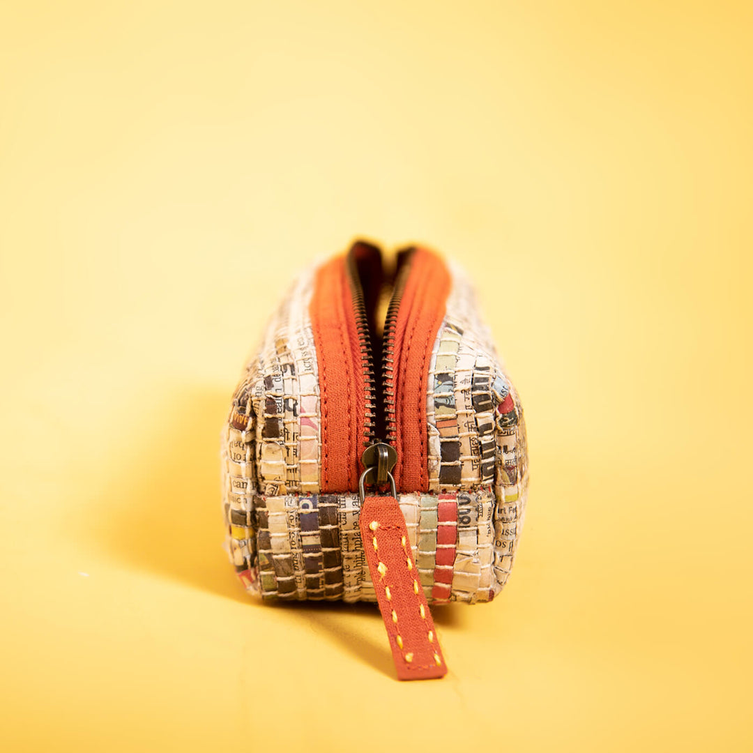 Handwoven Newspaper Pencil Pouch - Orange