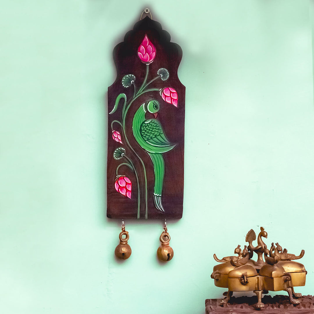 Handpainted Parrot Pattachitra Wooden Wall Art with Brass Ornament - Red Green