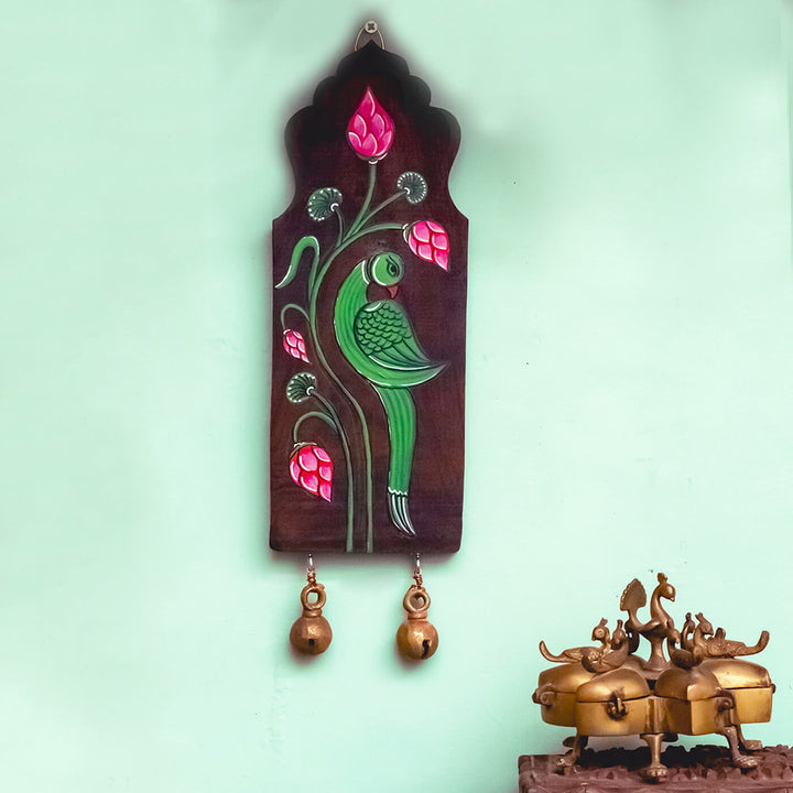 Handpainted Parrot Pattachitra Wooden Wall Art with Brass Ornament - Red Green
