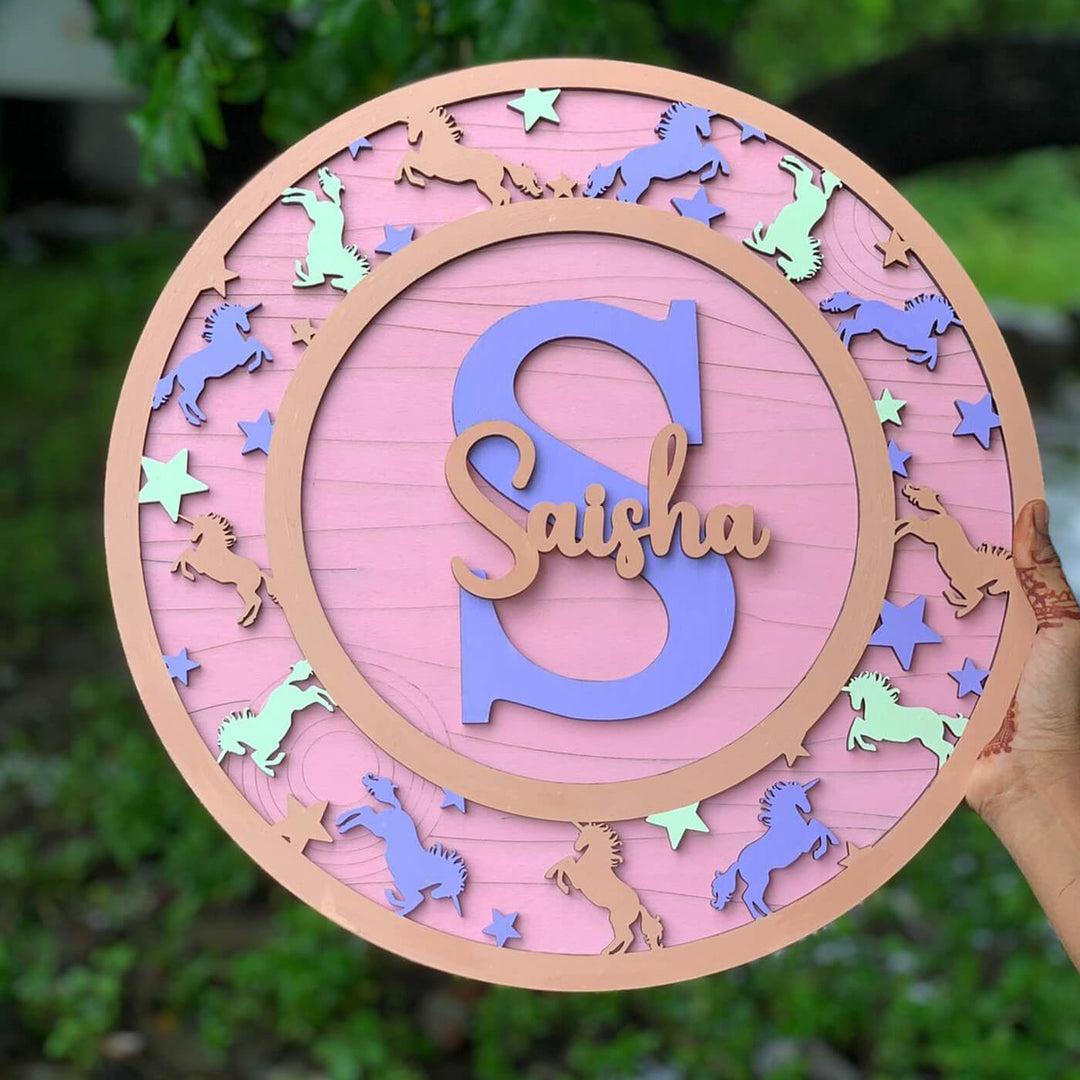 Painted Nameboard for Kids - Initial + Name with Unicorn Border