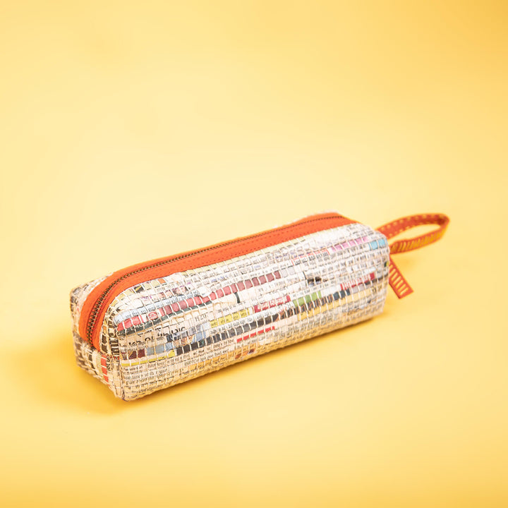Handwoven Newspaper Pencil Pouch - Orange