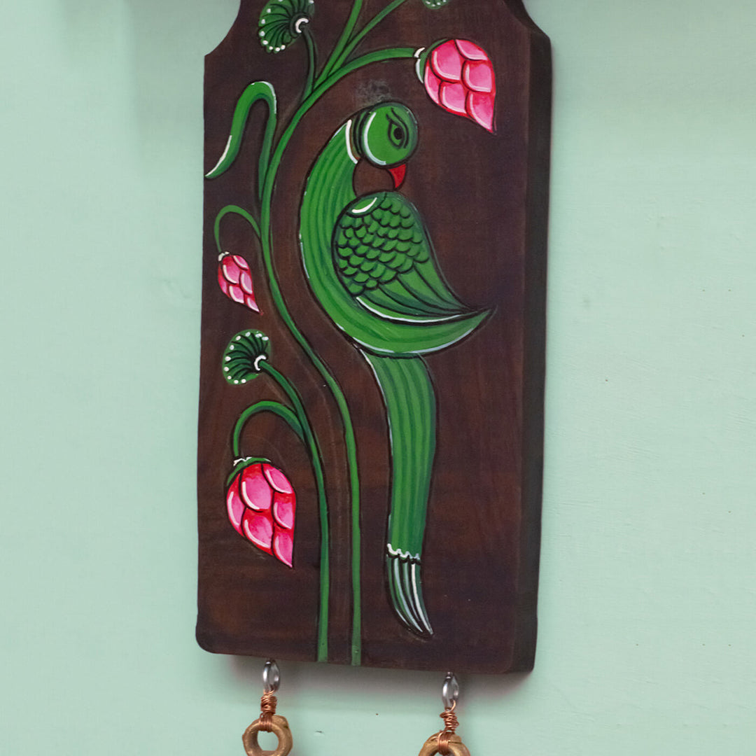 Handpainted Parrot Pattachitra Wooden Wall Art with Brass Ornament - Red Green
