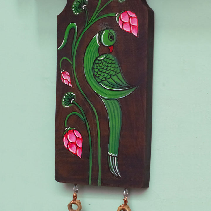 Handpainted Parrot Pattachitra Wooden Wall Art with Brass Ornament - Red Green